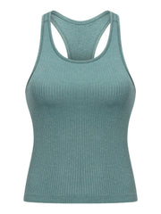 Teal ribbed racerback tank displayed flat to show the front and back straps