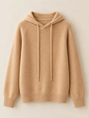 Camel drawstring hooded sweater displayed alone against a pale background.