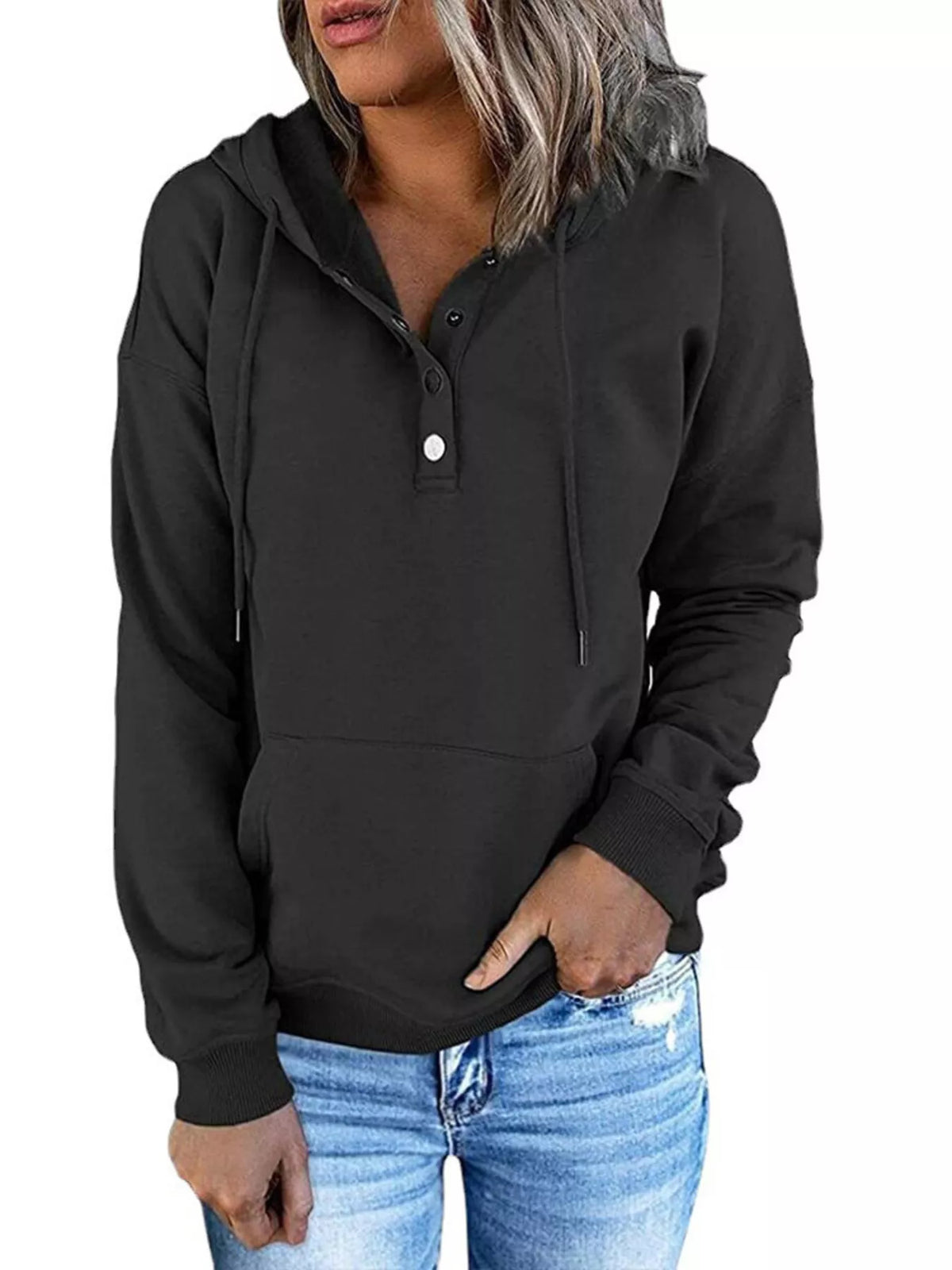 Women’s plus-size kangaroo-pocket drawstring hoodie in black front view