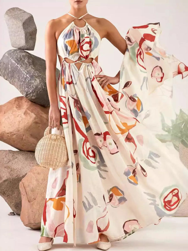 Close view of the white maxi dress's multicolor abstract pattern and tie detail.
