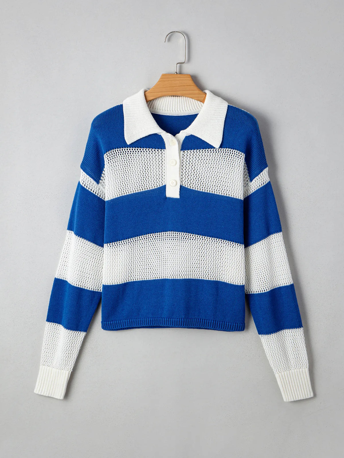Front product view of blue and white crochet cover-up