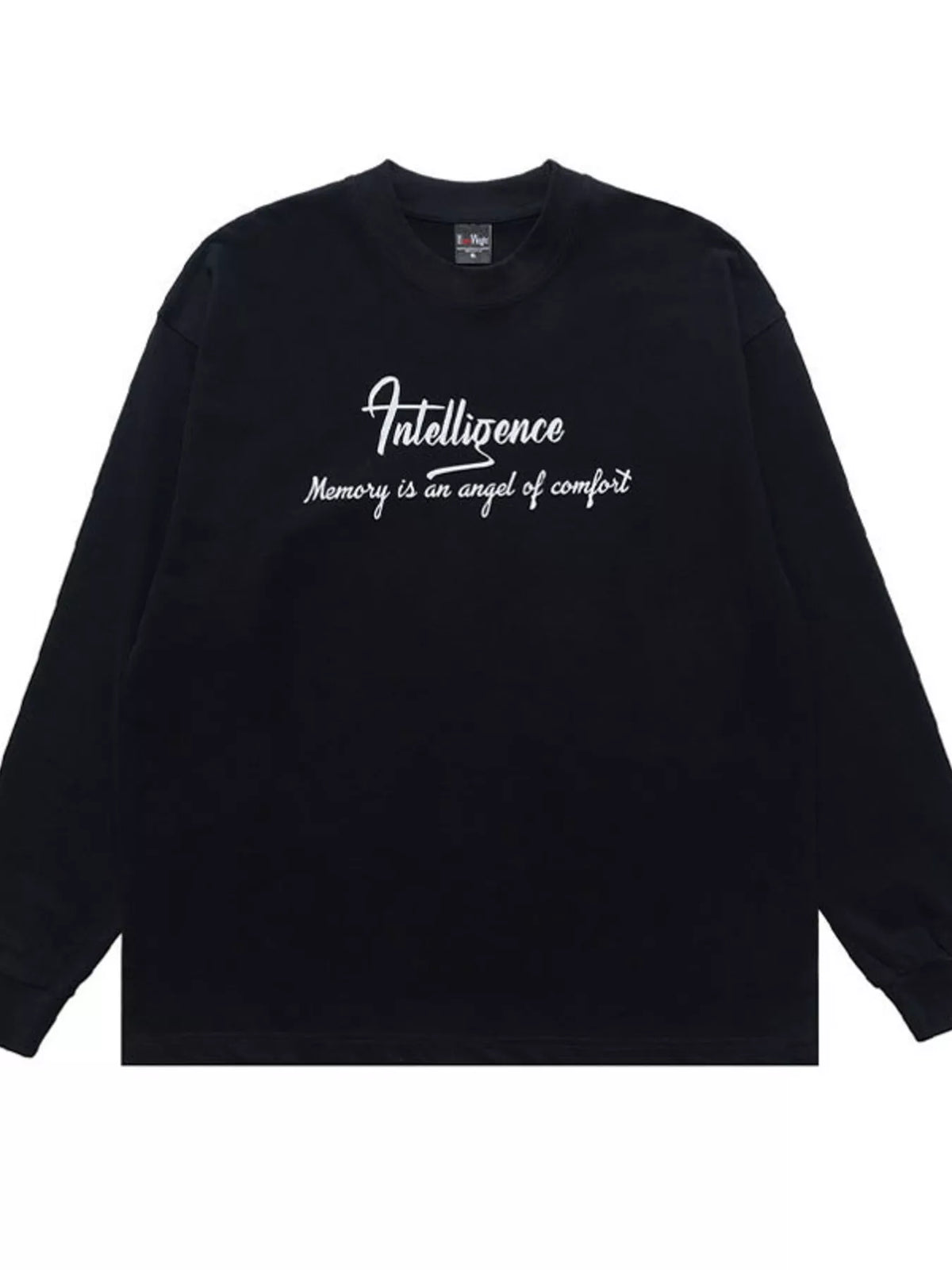 Navy long-sleeve T-shirt with small cursive lettering across the back