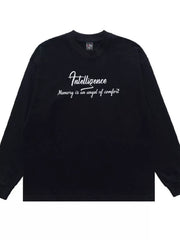 Navy long-sleeve T-shirt with small cursive lettering across the back