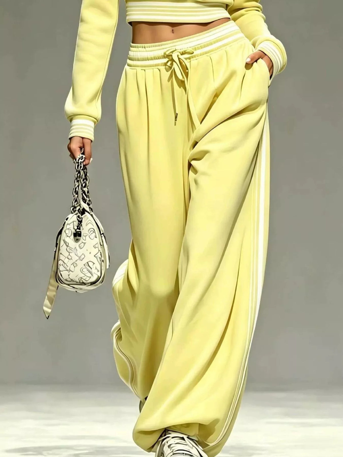 Yellow matching pants showing elastic waist, drawstring and pocket
