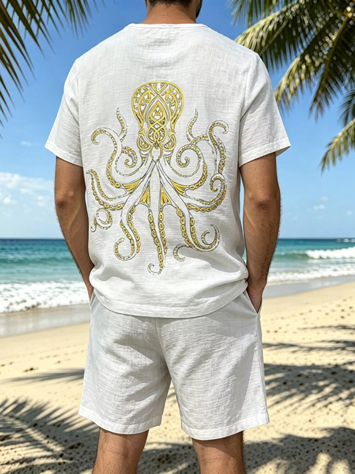 White tee and shorts set shown from the back with the octopus graphic on the shirt.