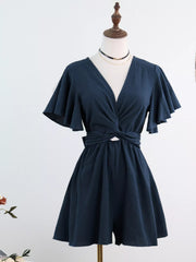 Navy flutter-sleeve romper on mannequin, front