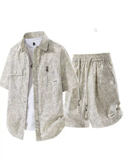 Light neutral printed short-sleeve shirt and matching shorts set, front view