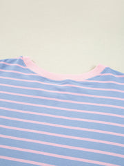 Back neckline detail of striped sweatshirt