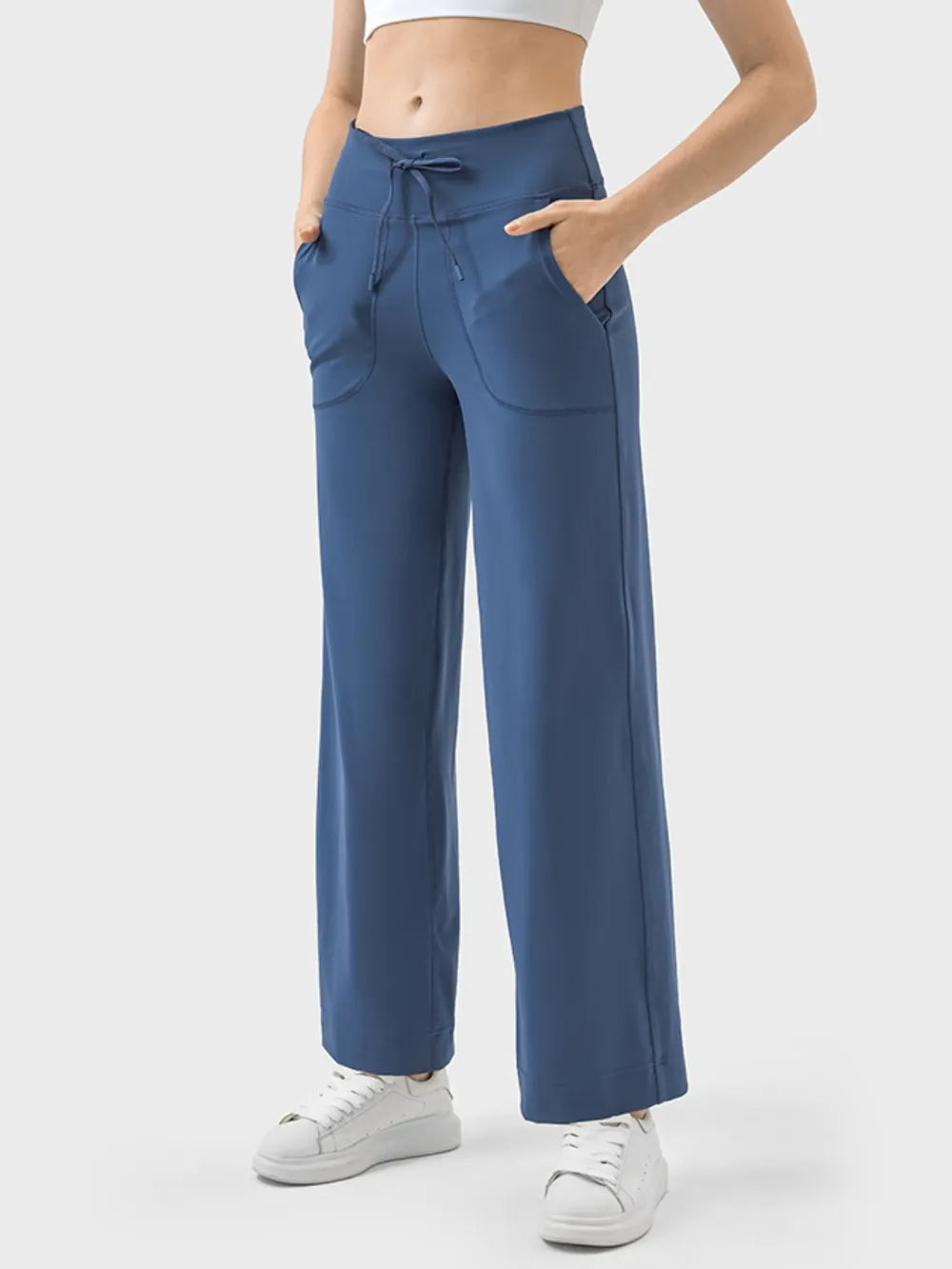 Blue active pants shown from the side