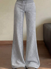 Grey drawstring wide-leg flare pants with a high elastic waist, front view