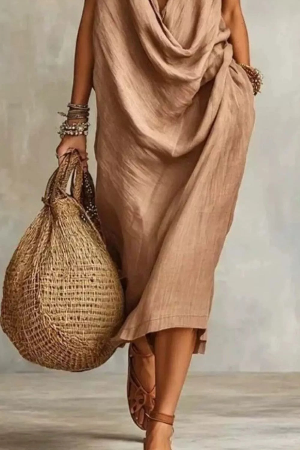 Tan draped midi dress showing gathered folds and a side pocket