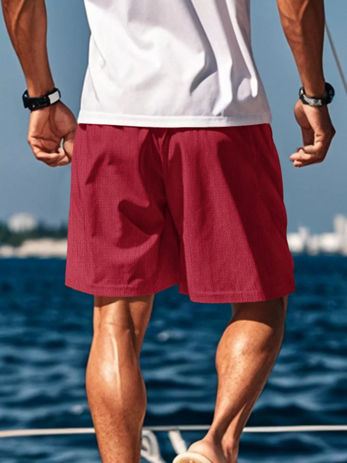 Rear view of red drawstring shorts
