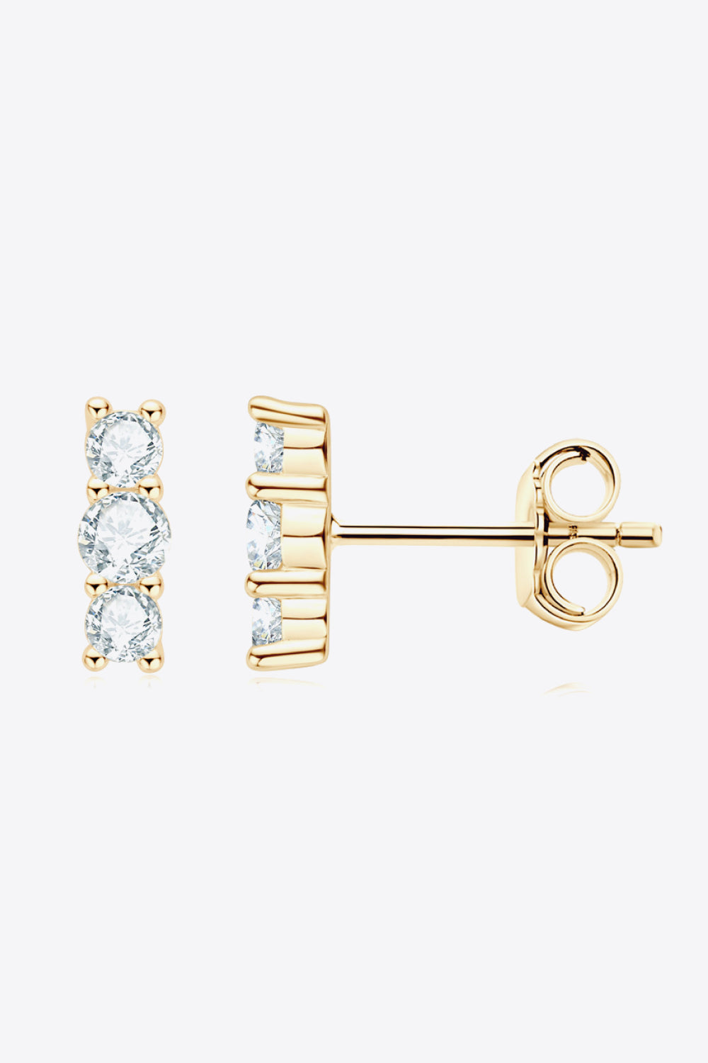 Three-stone vertical moissanite stud earring in gold-tone setting, side view