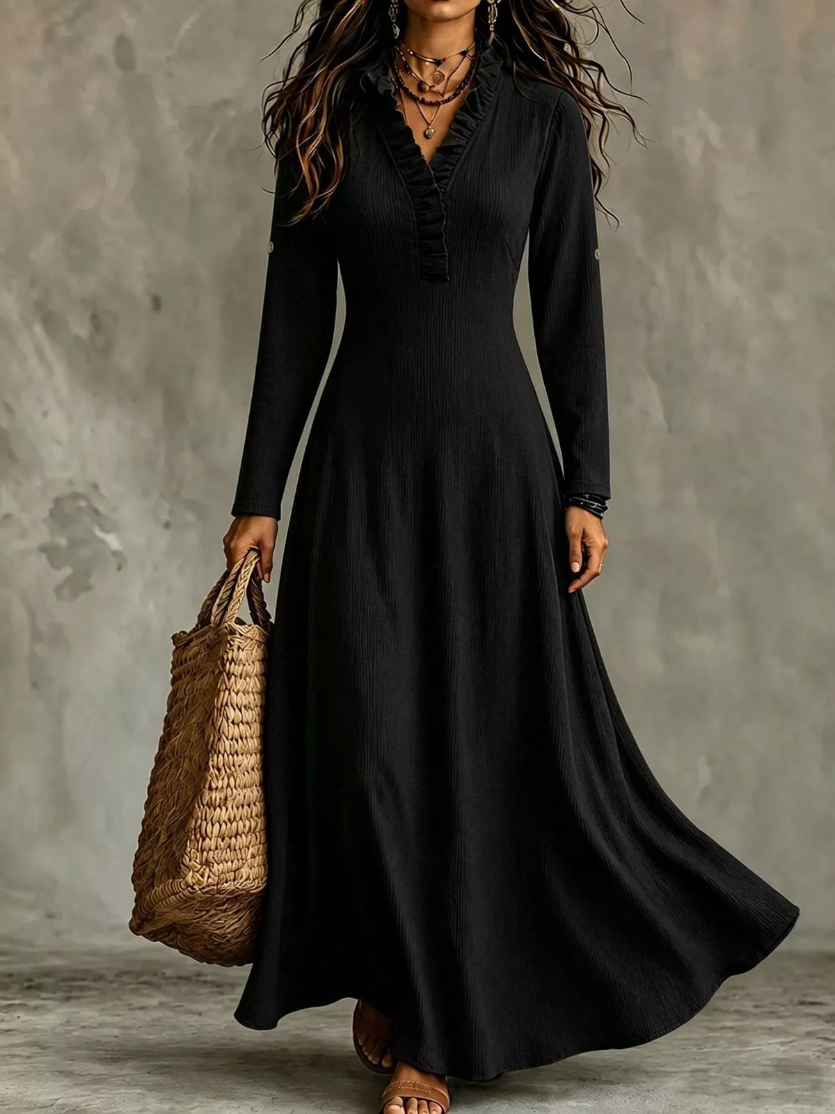Black V-neck maxi dress with roll-up sleeves and waist tie, front view