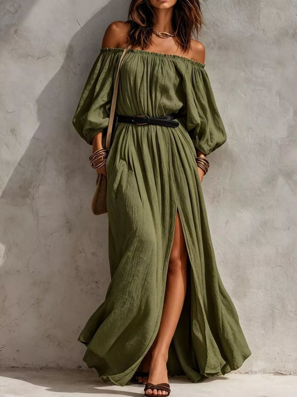 Model wearing moss-green off-shoulder maxi dress with long sleeves, belt and side slit