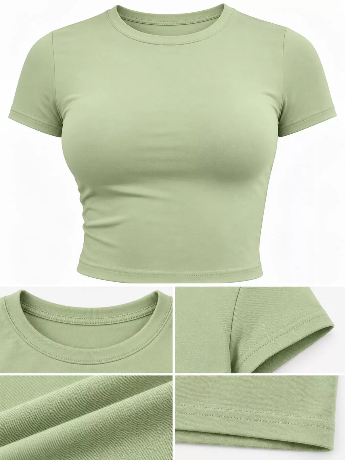 Pale green crew-neck crop T-shirt, close-up views of neckline, sleeve and hem details.