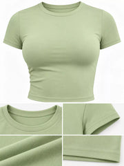 Pale green crew-neck crop T-shirt, close-up views of neckline, sleeve and hem details.