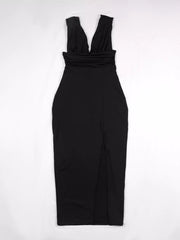 Black sleeveless deep-V dress shown on a mannequin