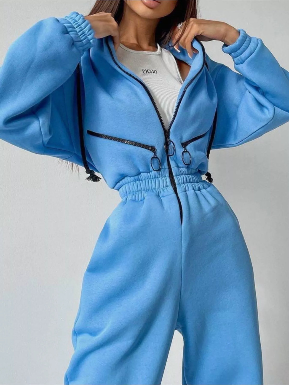 Women's hooded zip-up long-sleeve jumpsuit, blue front detail
