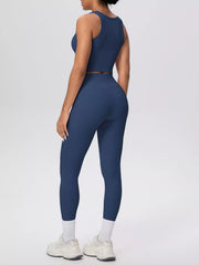 Back view of navy tank and matching leggings