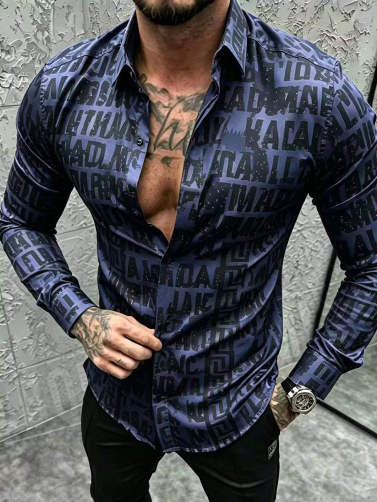 Model wearing dark blue letter-print shirt, alternate view