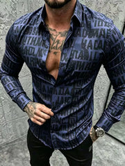 Model wearing dark blue letter-print shirt, alternate view