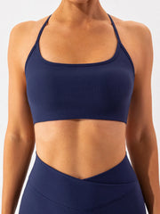 Navy ribbed spaghetti-strap active bra, front view