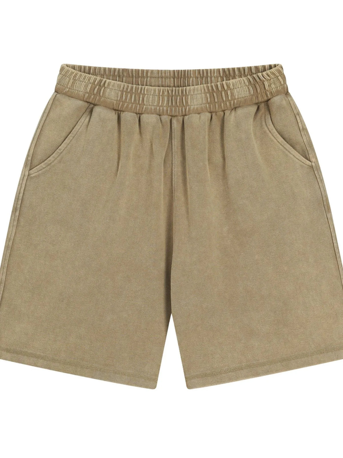 Khaki elastic-waist shorts, front view
