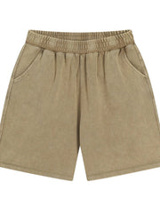 Khaki elastic-waist shorts, front view