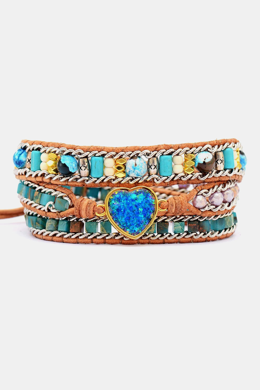 Front product view of the colorful bracelet with a blue heart-shaped centerpiece.