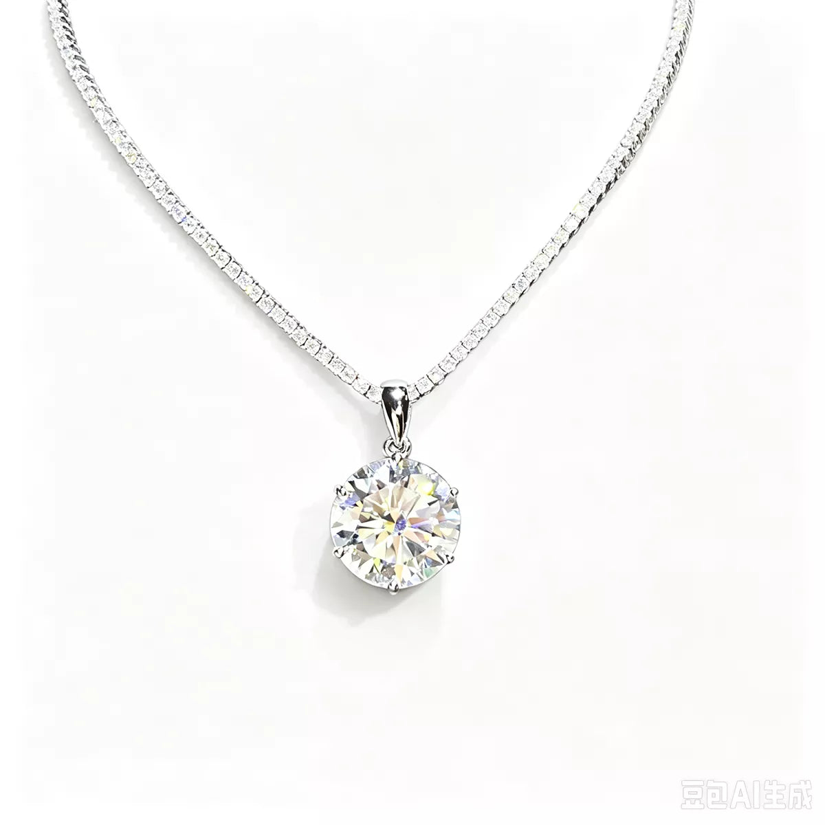Round brilliant moissanite pendant on a silver-tone chain against a white background