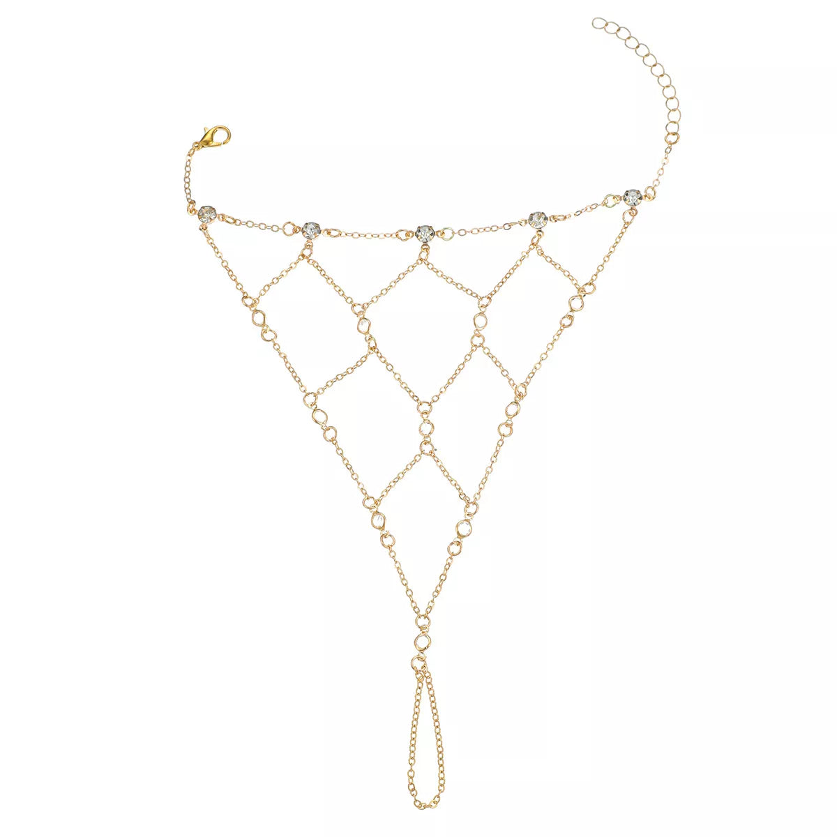 Gold-tone rhinestone hand bracelet displayed flat with finger loop and wrist chain