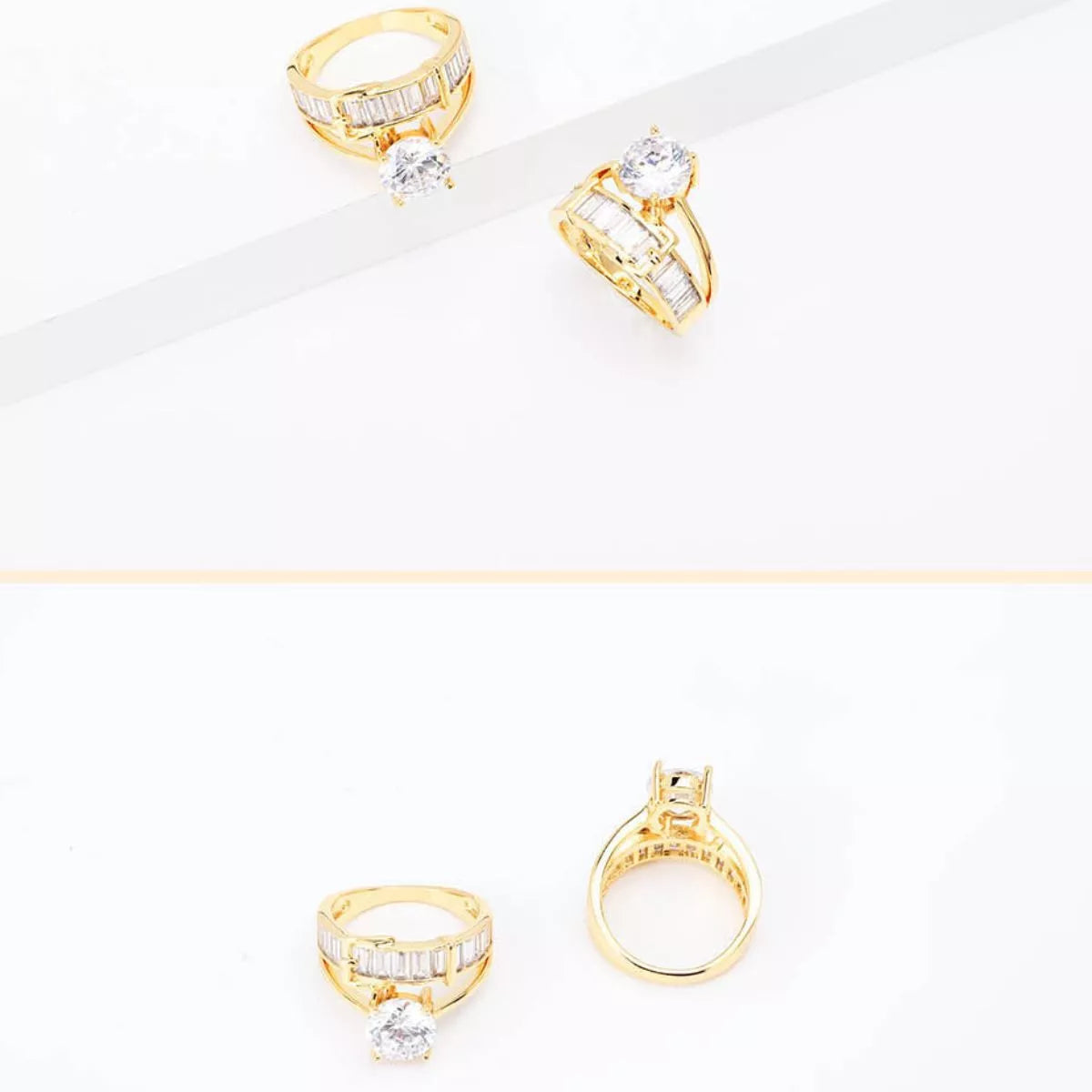 Gold-tone ring with a clear center stone displayed on a white background