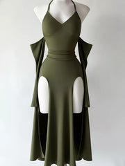 Army-green halter dress with deep V neckline and high side slits