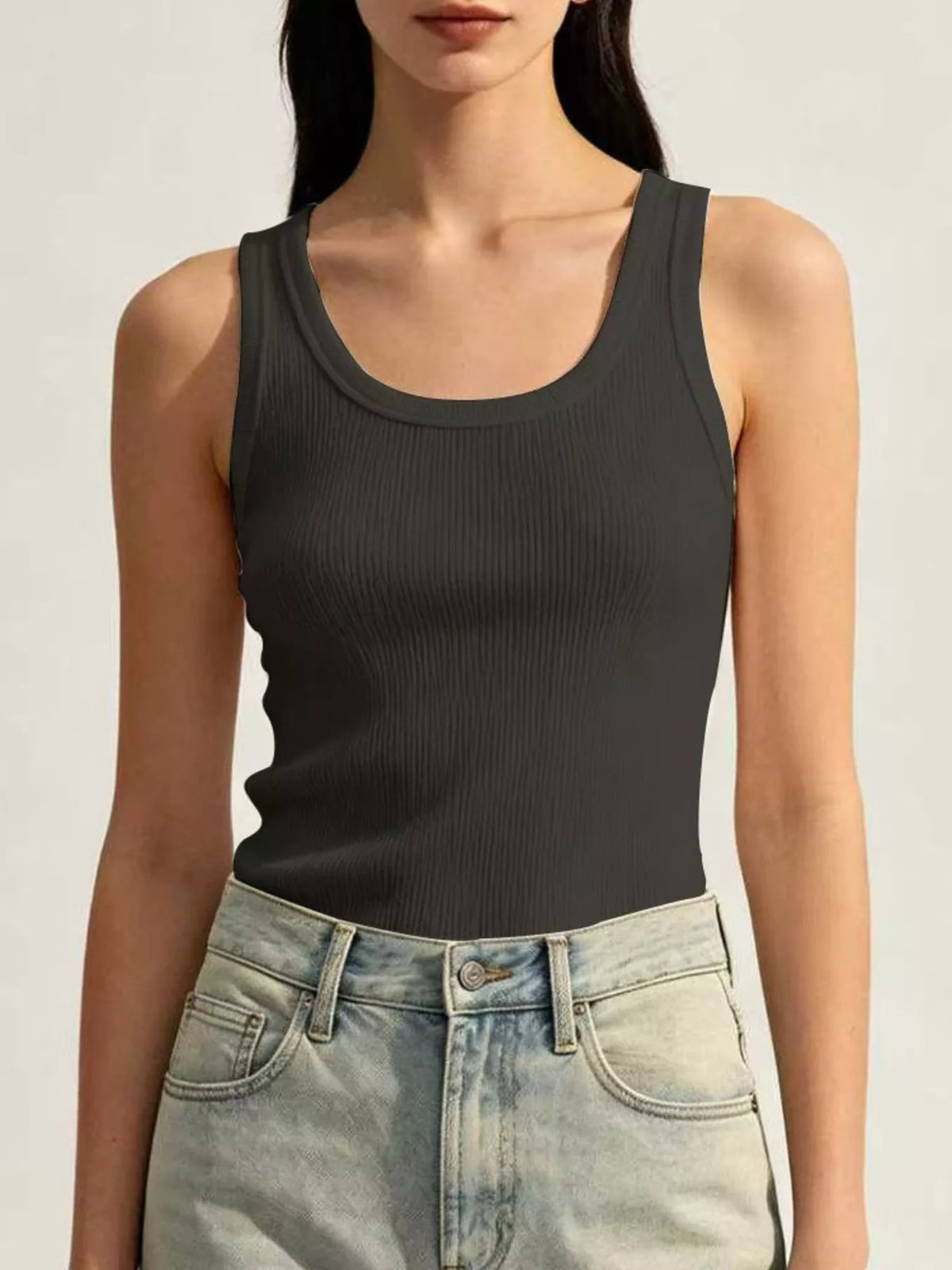 Black ribbed U-neck tank front