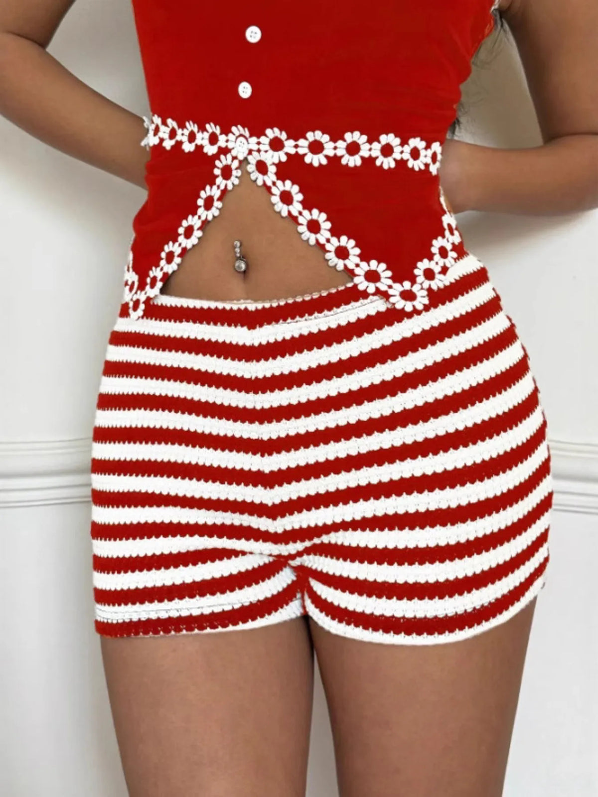 Rear view of red and white striped knit shorts