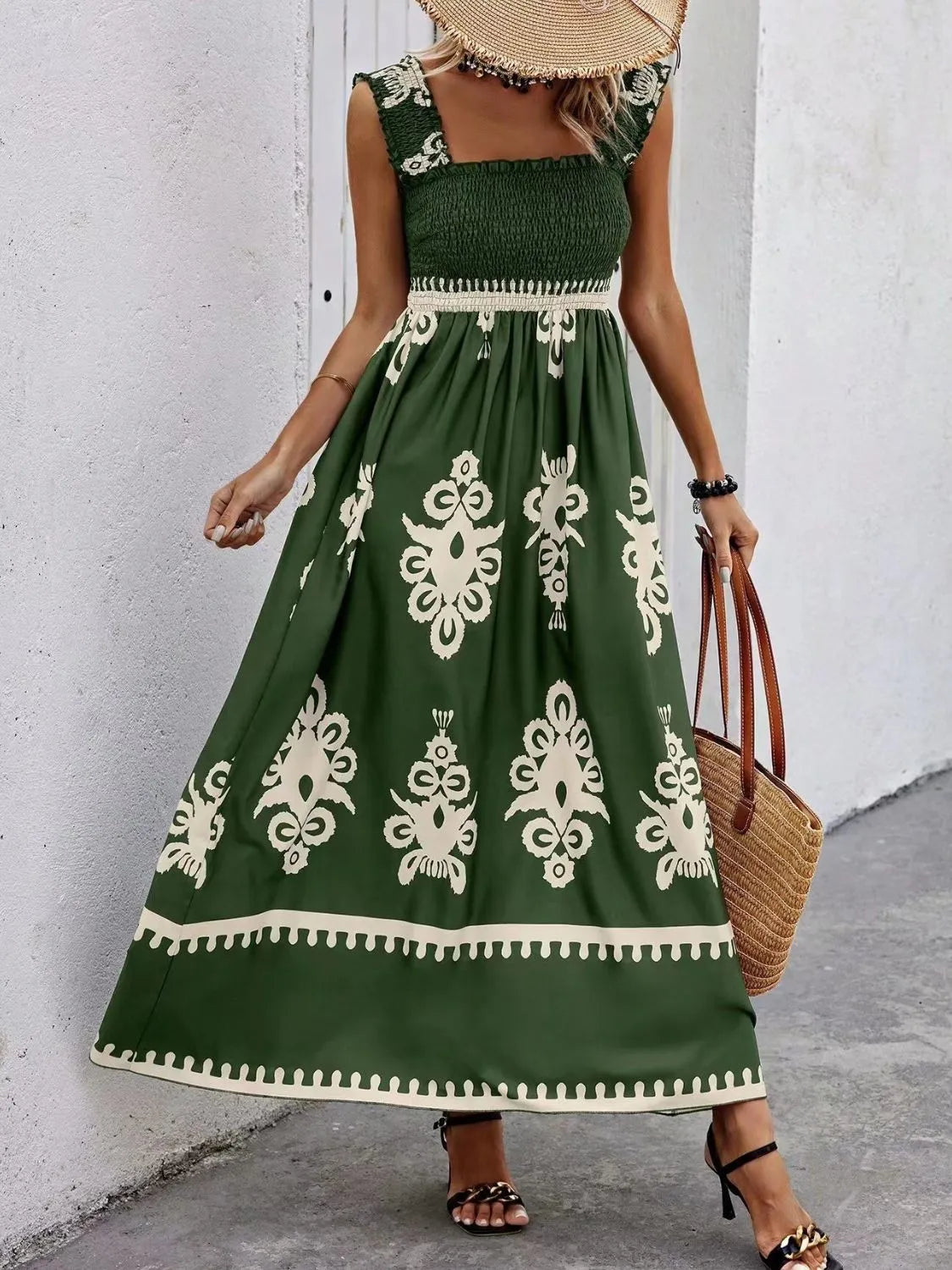 Dark green floral-print maxi dress, full-length front view