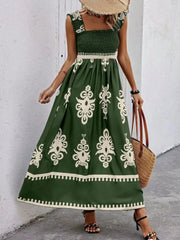 Dark green floral-print maxi dress, full-length front view