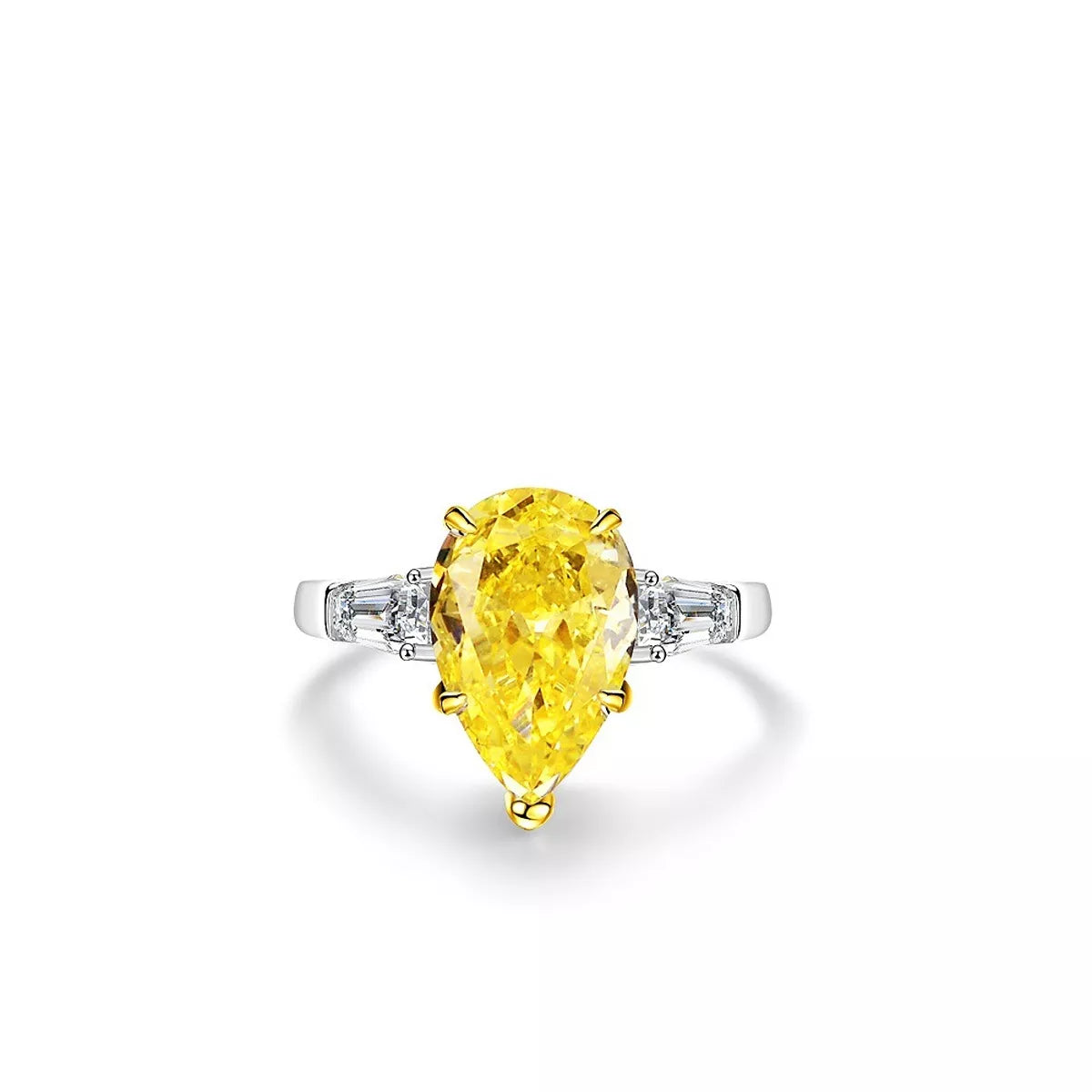 Yellow pear-shaped center stone ring shown from the front.