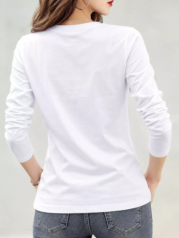Back view of white long-sleeve crown-embroidered T-shirt