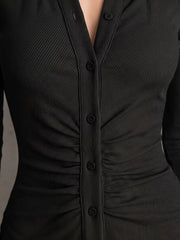 Front view of olive green collared mini dress with long sleeves and ruched front.