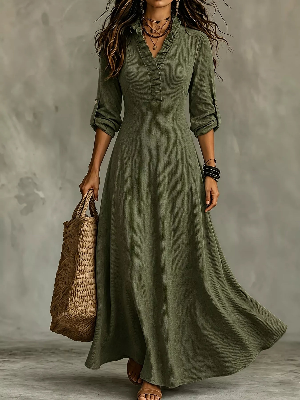 Olive green V-neck maxi dress with roll-up sleeves and drawstring waist, front view