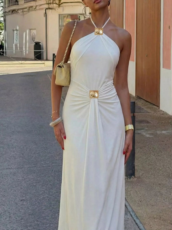 White halter-neck maxi dress, front view with waist detail