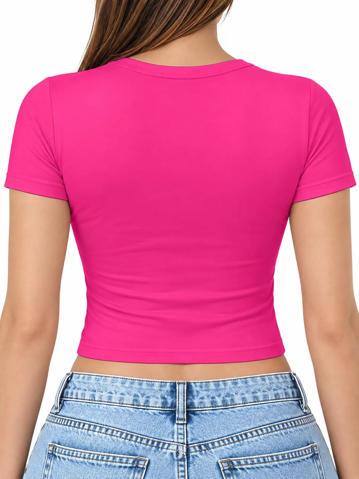 Hot pink crew neck crop T-shirt shown from the back.