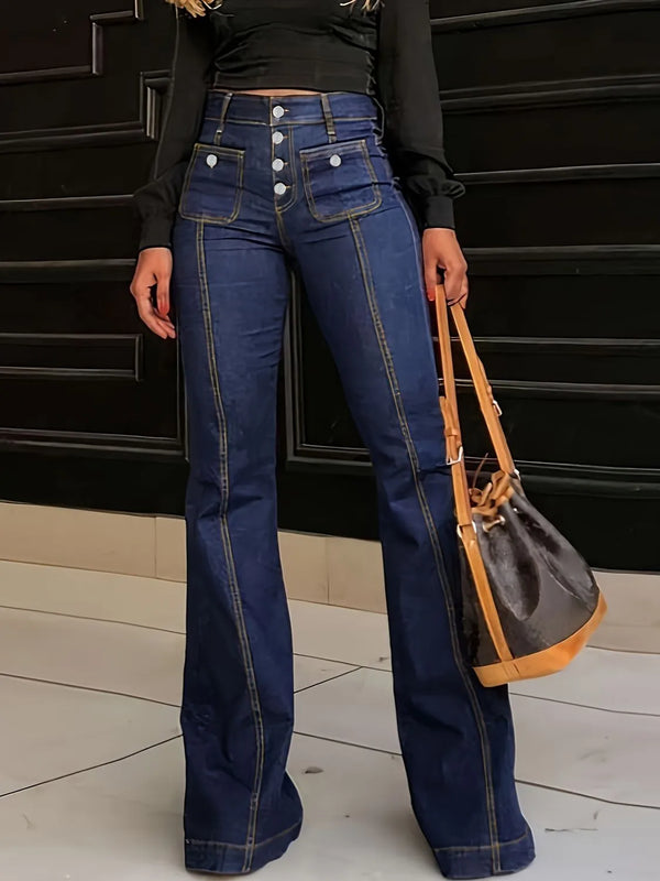 Dark indigo high-stretch flare jeans with pockets