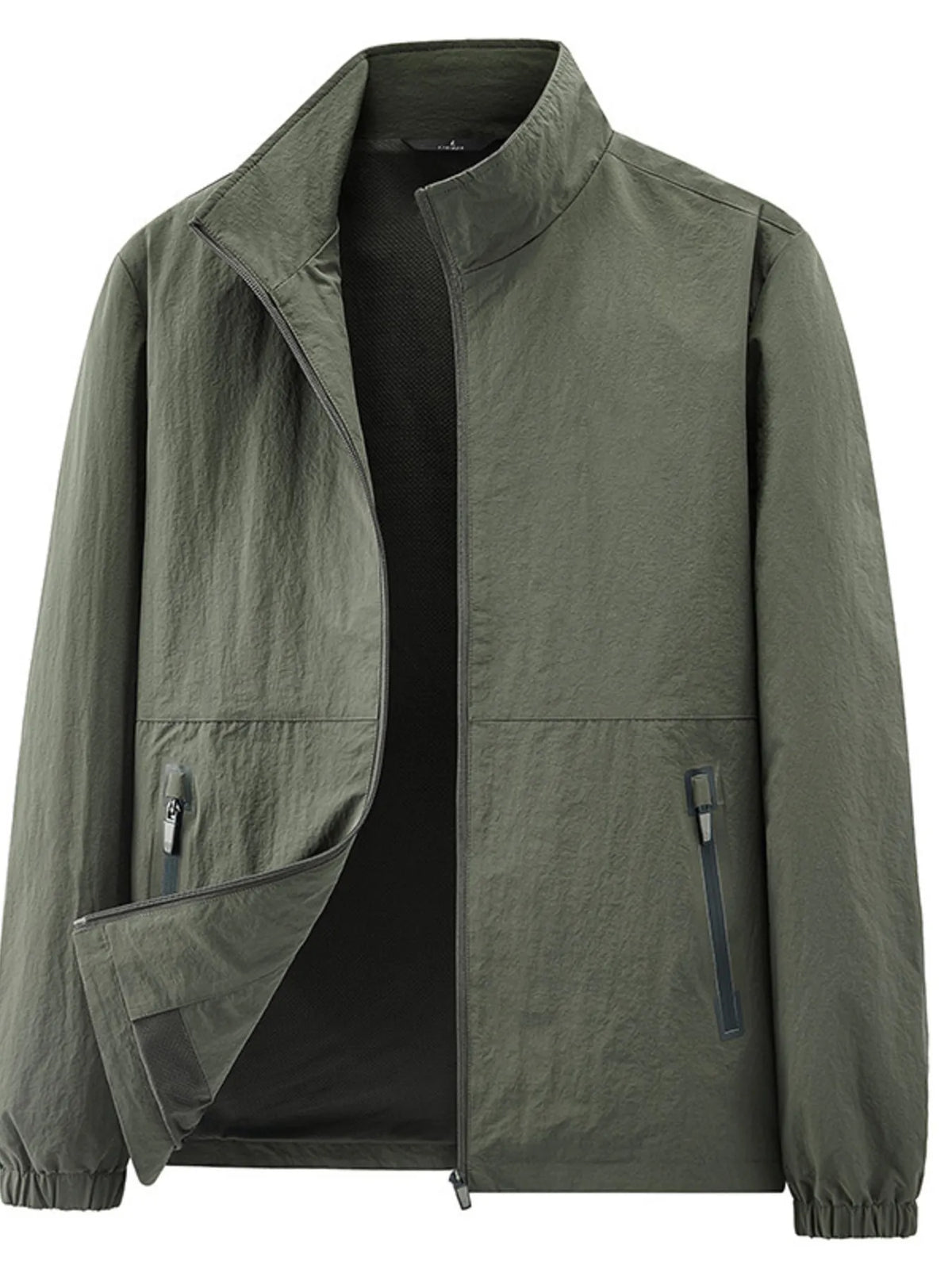 Dark olive jacket displayed alone with the zippered pockets and elastic cuffs visible