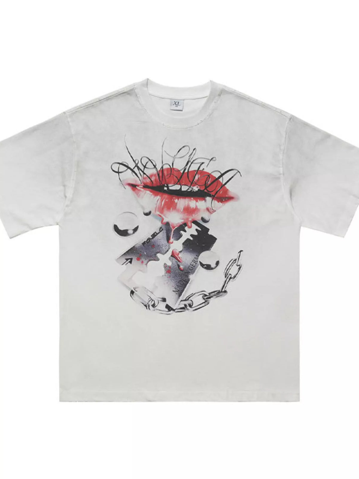 White graphic short-sleeve T-shirt with illustrated mouth and chain design, front view