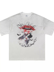 White graphic short-sleeve T-shirt with illustrated mouth and chain design, front view