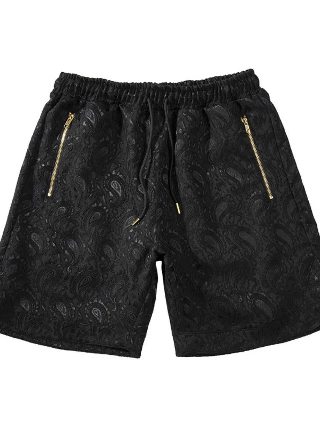 Front view of black paisley shorts with zip pockets