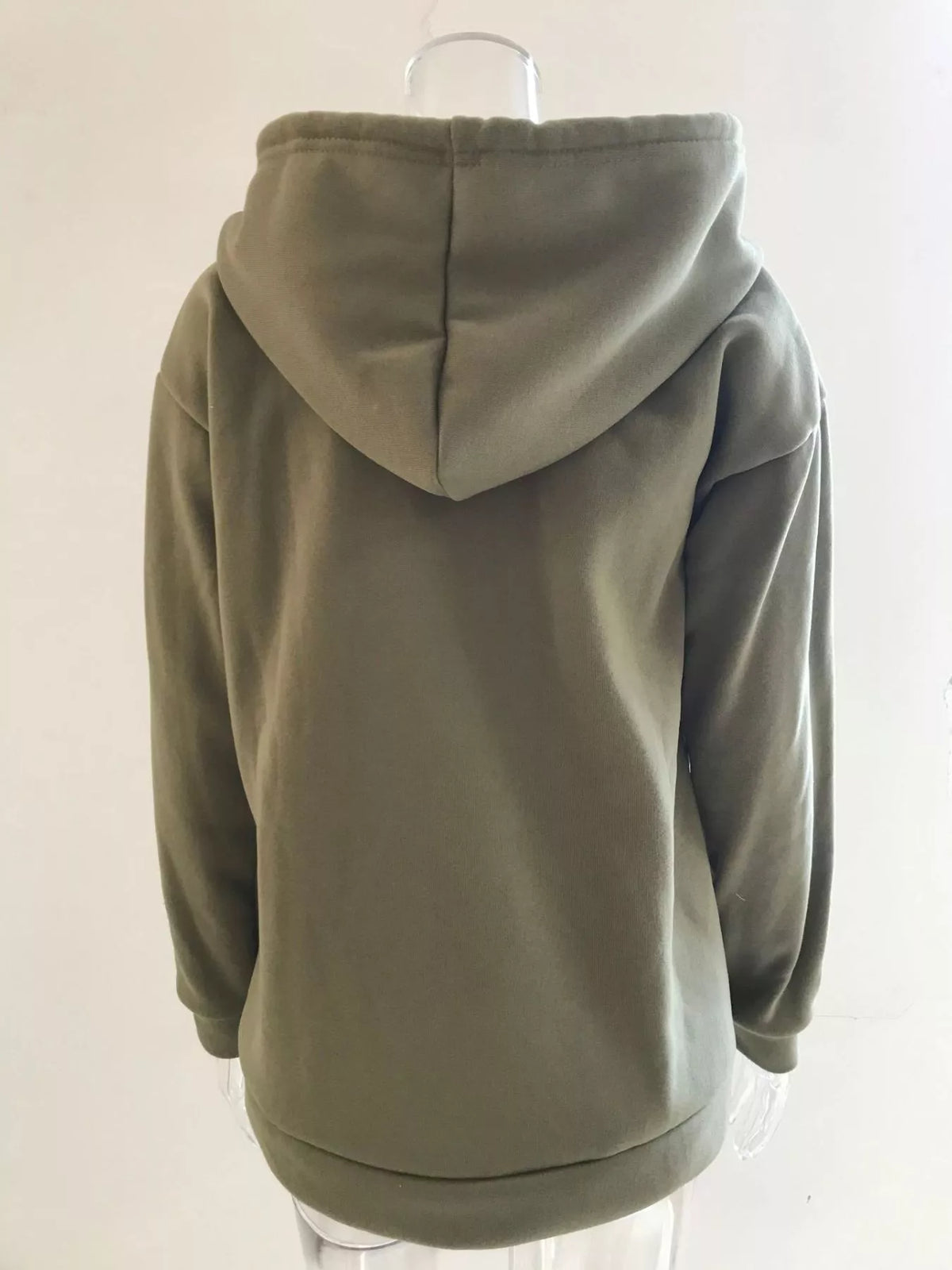 Women’s plus-size kangaroo-pocket drawstring hoodie in olive-green back view on hanger